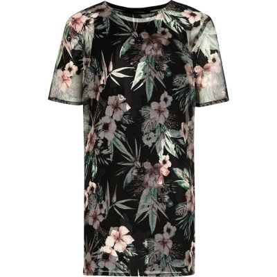Girls black tropical print mesh T-shirt dress